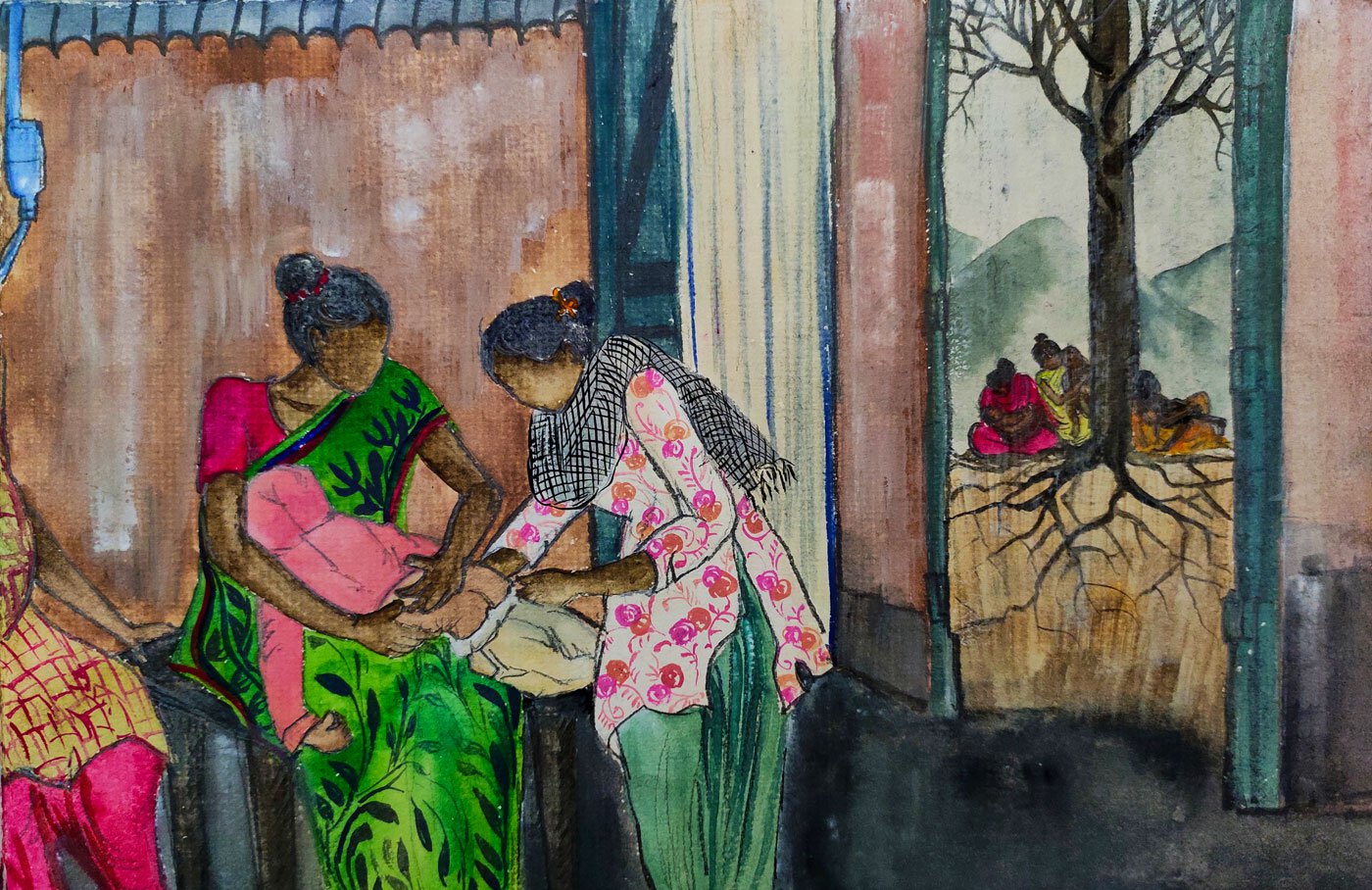 An illustration of a healthcare consultation in a rural setting.