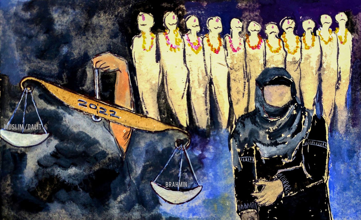 An illustration of Bilkis Bano with scales of justice.