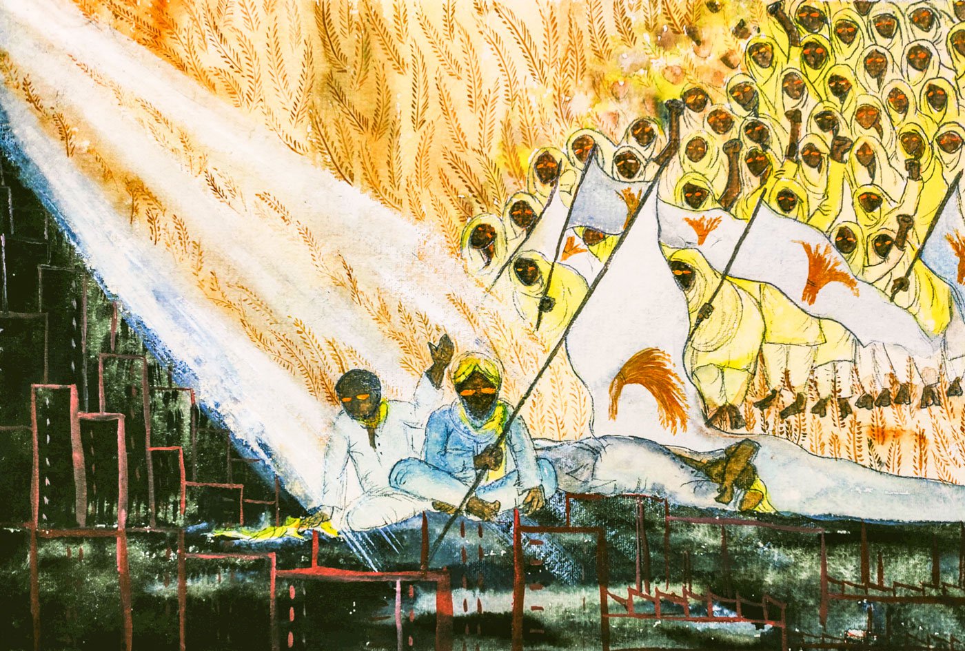 An illustration of farmers, wheat and locusts.