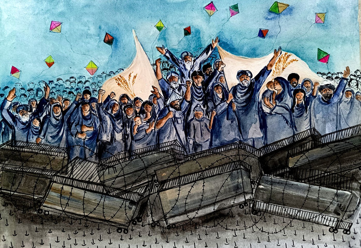An illustration of farmers, barricades and kites.