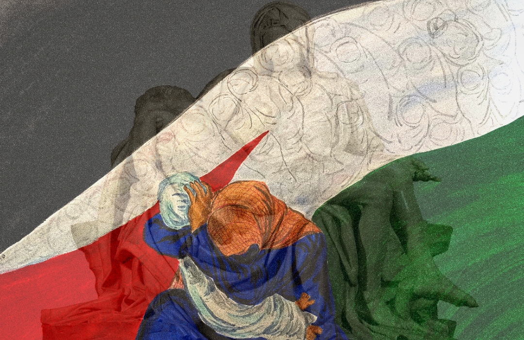 An artwork showing a mourning mother and child over Palestinian flag colours.