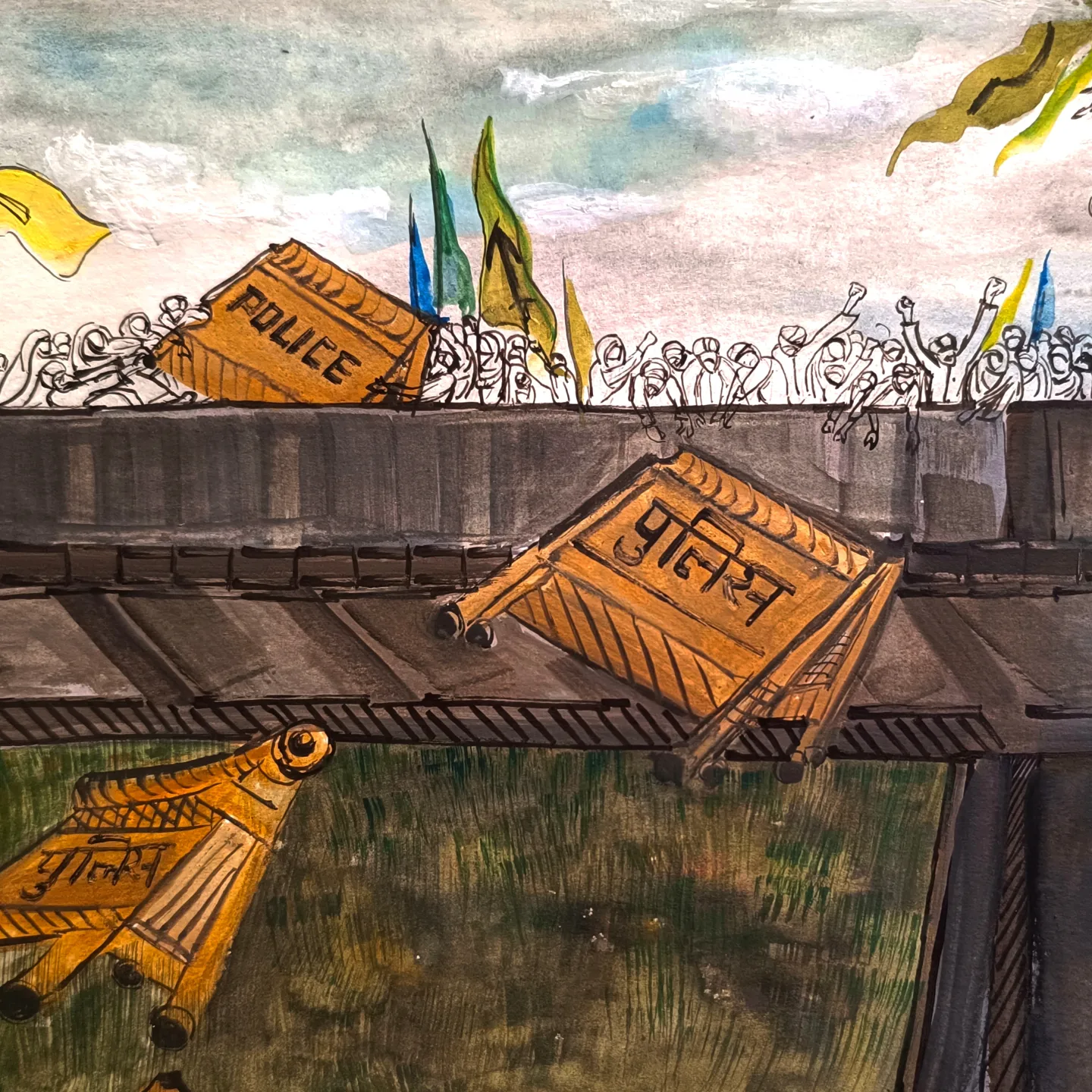 An illustration of farmers crossing police barricades.
